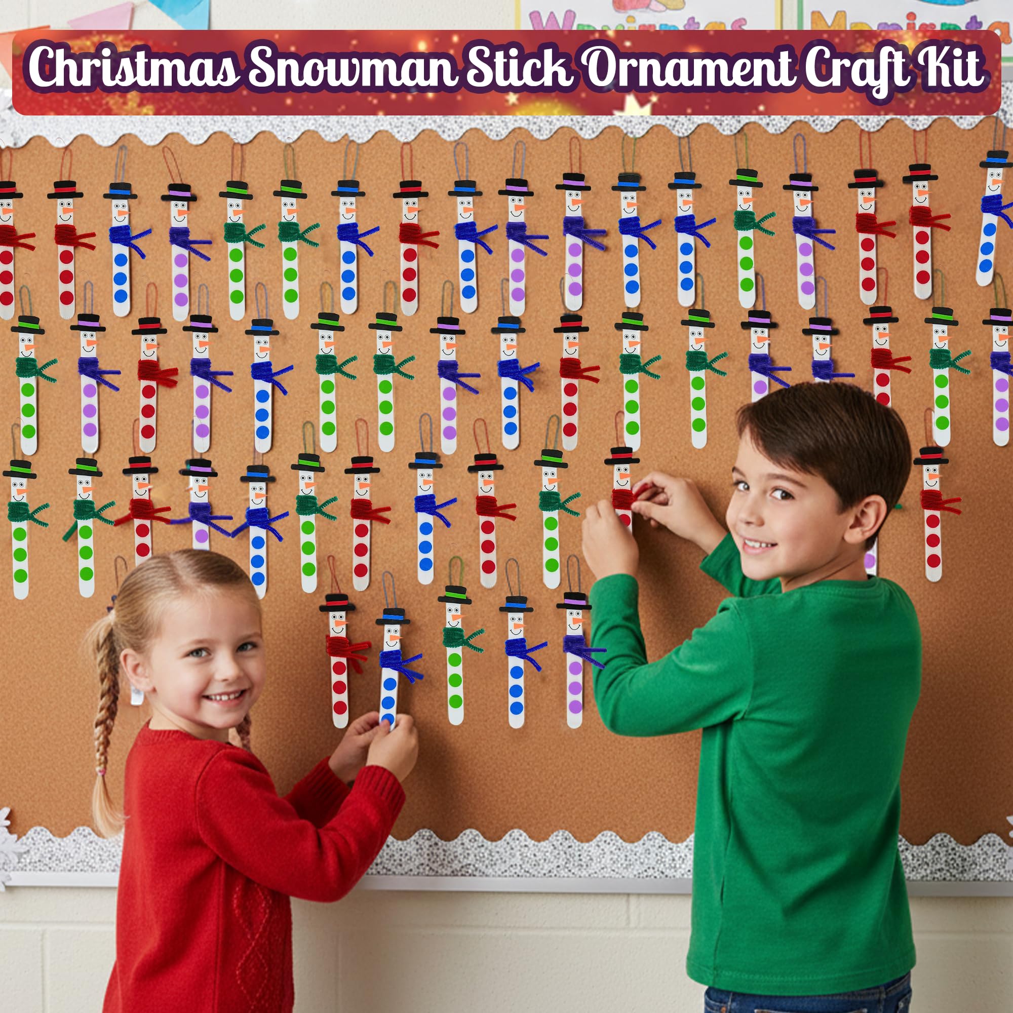 4E's Novelty Christmas Snowman Stick Ornament Craft Kit (4 Pack) – DIY Wooden Foam Ornaments for Kids, Multicolor