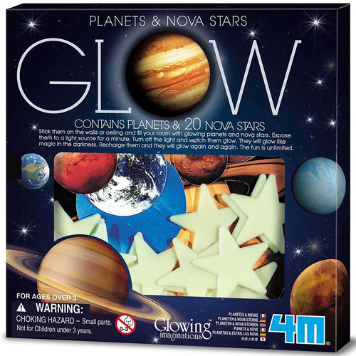 4M Glow Planets & Nova Stars - 20 Glow-in-the-Dark Wall and Ceiling Stickers for Kids Room Decoration
