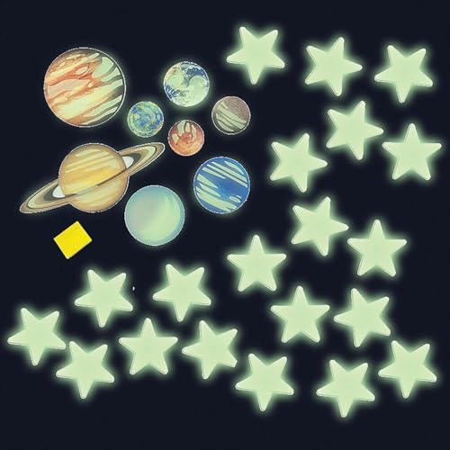 4M Glow Planets & Nova Stars - 20 Glow-in-the-Dark Wall and Ceiling Stickers for Kids Room Decoration