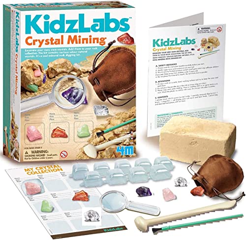 4M Kidzlabs Crystal Mining Kit – Dig for 8 Real Crystals, STEM Science Toy for Ages 5+