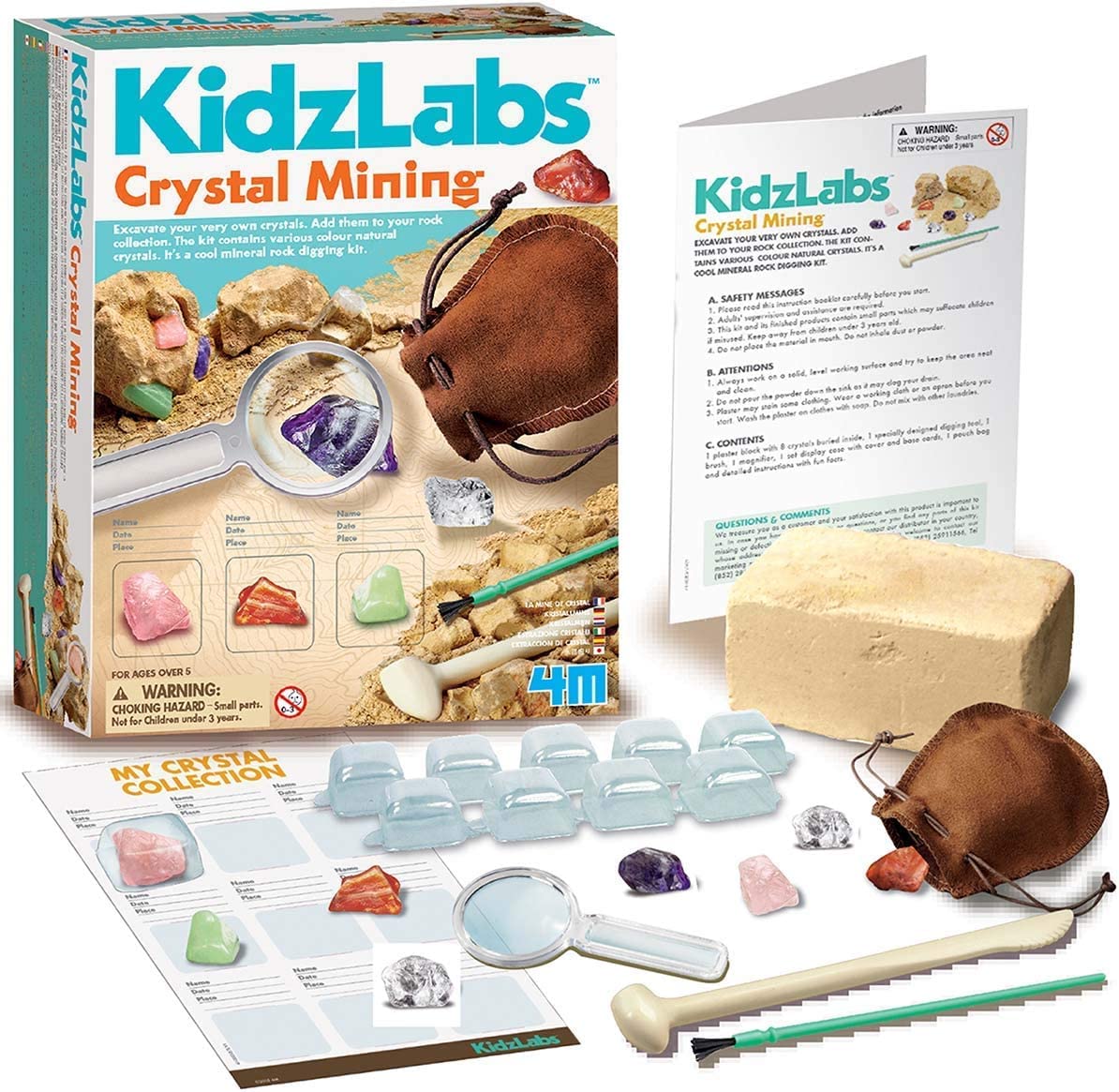 4M Kidzlabs Crystal Mining Kit – Dig for 8 Real Crystals, STEM Science Toy for Ages 5+