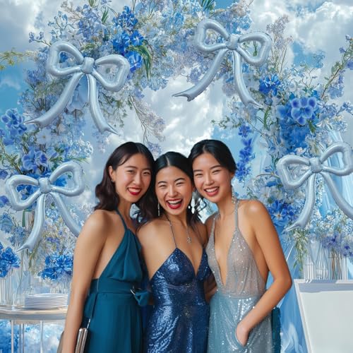 4pc Dusty Blue Bow Foil Balloons Set for Coquette Birthday, Baby Shower, Bachelorette Party Decorations