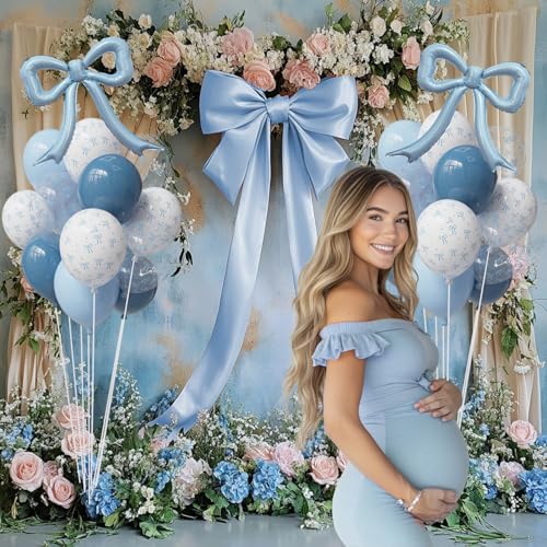 4pc Dusty Blue Bow Foil Balloons Set for Coquette Birthday, Baby Shower, Bachelorette Party Decorations