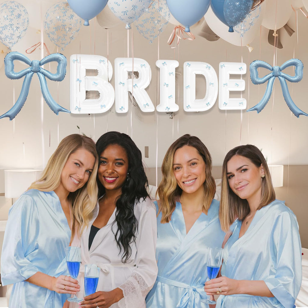4pc Dusty Blue Bow Foil Balloons Set for Coquette Birthday, Baby Shower, Bachelorette Party Decorations