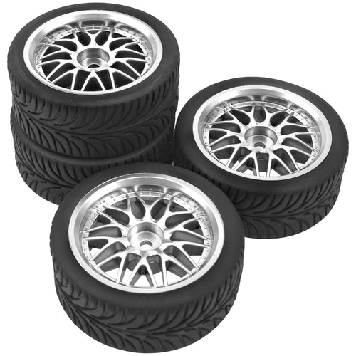 4x 1/10 RC On-Road Tires and Wheels Set 65mm 12mm Hex Silver Rims Compatible with HSP Tamiya HPI Kyosho