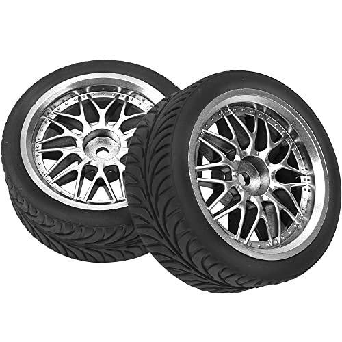 4x 1/10 RC On-Road Tires and Wheels Set 65mm 12mm Hex Silver Rims Compatible with HSP Tamiya HPI Kyosho