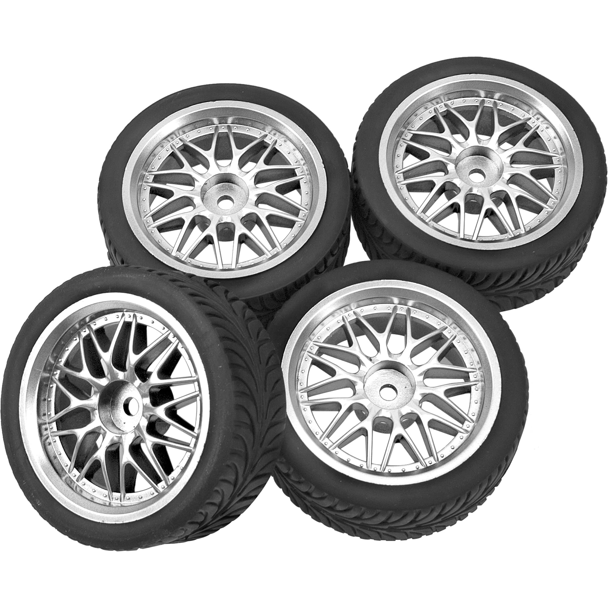 4x 1/10 RC On-Road Tires and Wheels Set 65mm 12mm Hex Silver Rims Compatible with HSP Tamiya HPI Kyosho