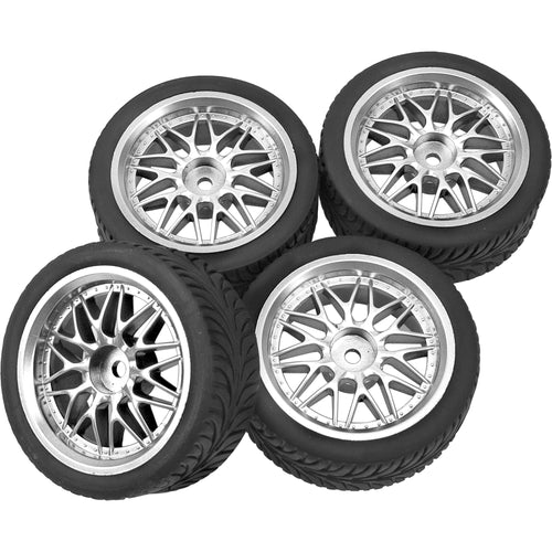 4x 1/10 RC On-Road Tires and Wheels Set 65mm 12mm Hex Silver Rims Compatible with HSP Tamiya HPI Kyosho