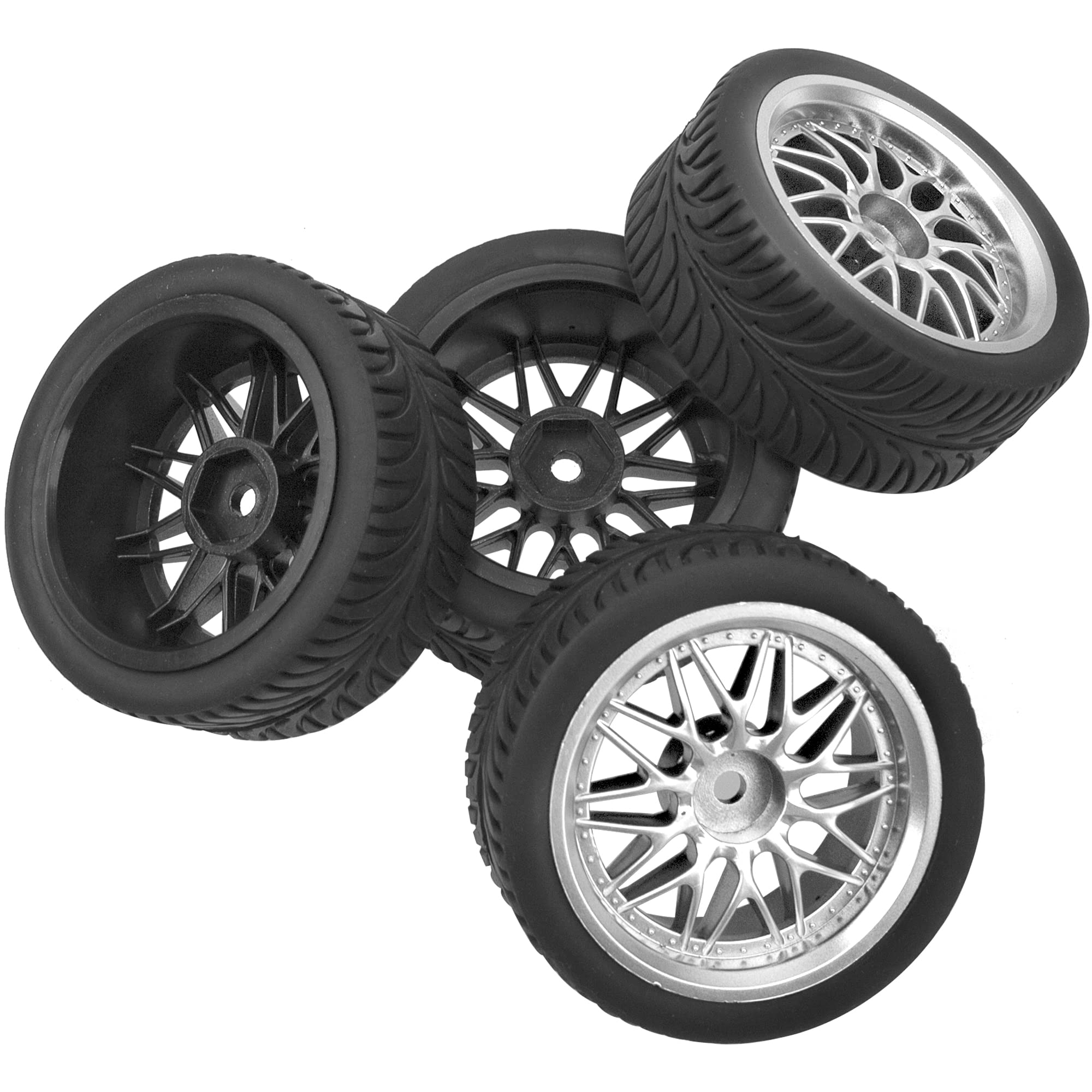 4x 1/10 RC On-Road Tires and Wheels Set 65mm 12mm Hex Silver Rims Compatible with HSP Tamiya HPI Kyosho