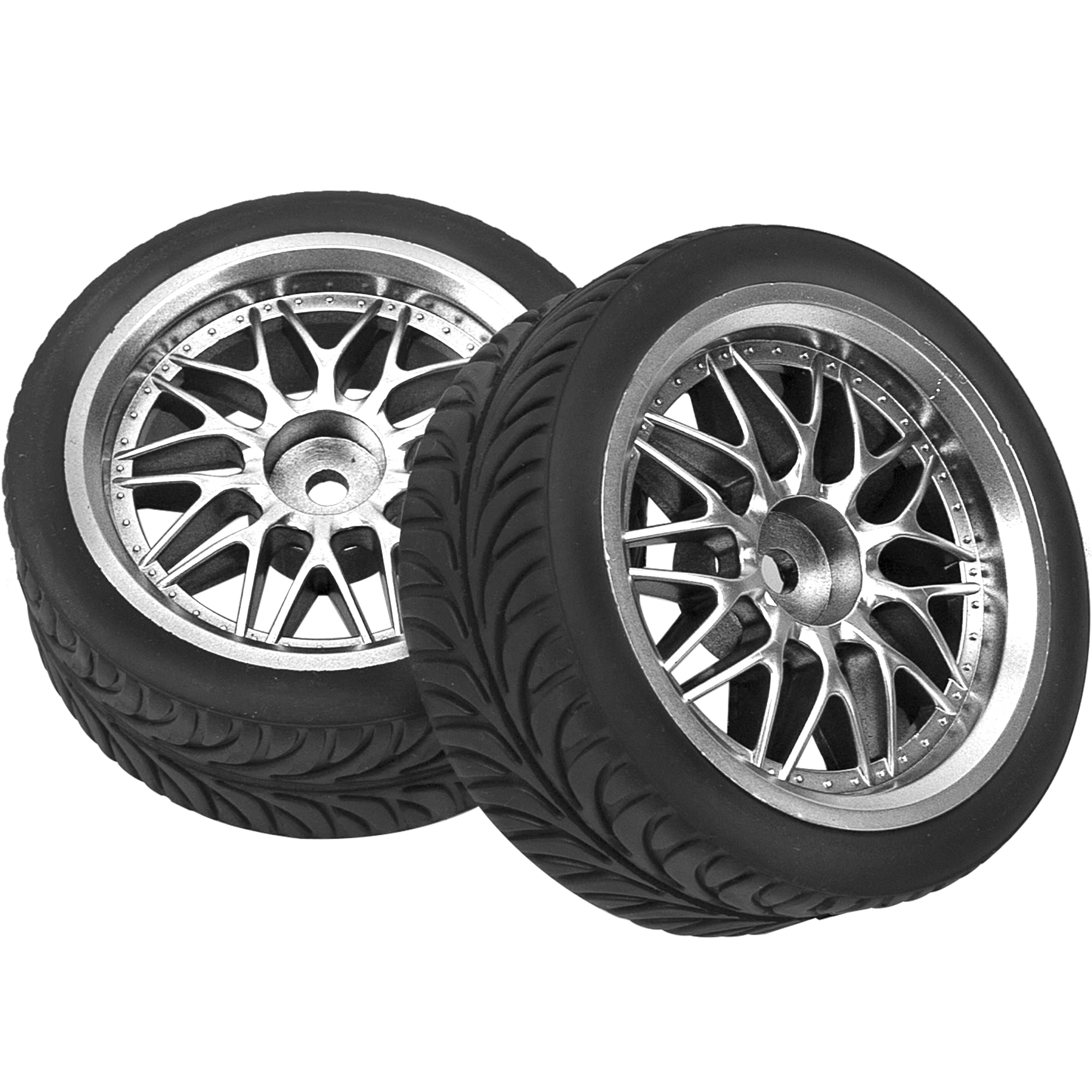 4x 1/10 RC On-Road Tires and Wheels Set 65mm 12mm Hex Silver Rims Compatible with HSP Tamiya HPI Kyosho