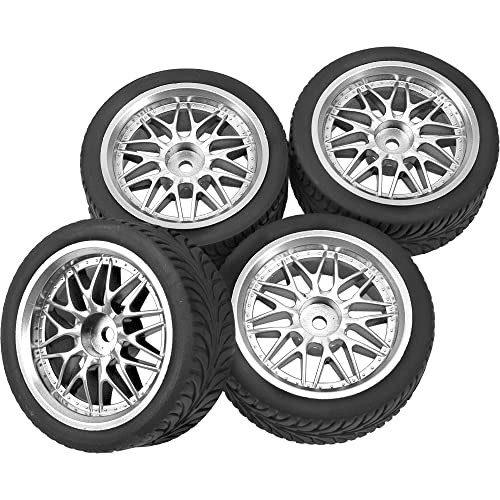 4x 1/10 RC On-Road Tires and Wheels Set 65mm 12mm Hex Silver Rims Compatible with HSP Tamiya HPI Kyosho