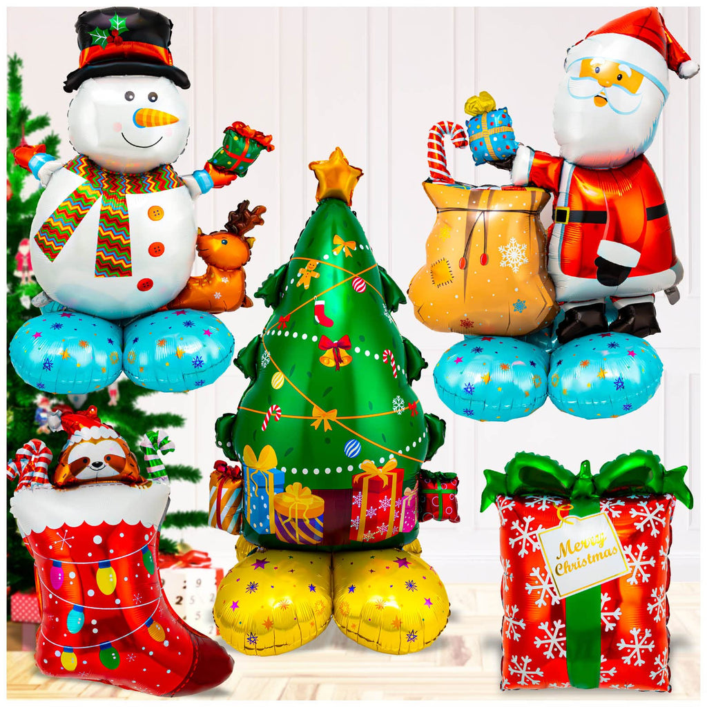 5 Large Mylar Christmas Balloons Set - Santa, Snowman, Tree, Stockings, Gift Box