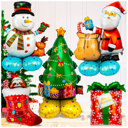 5 Large Mylar Christmas Balloons Set - Santa, Snowman, Tree, Stockings, Gift Box