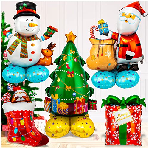 5 Large Mylar Christmas Balloons Set - Santa, Snowman, Tree, Stockings, Gift Box