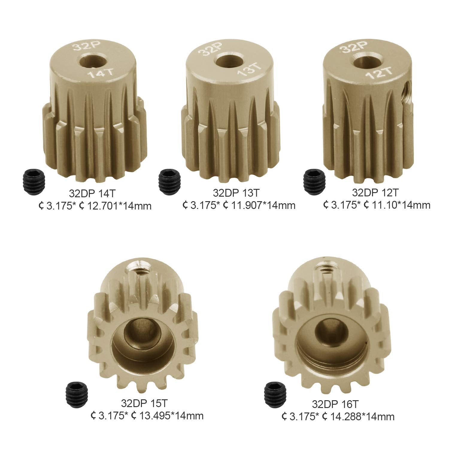 5-Pack 32DP 540 Motor Pinion Gears (12T-16T) 3.175mm Shaft for 1/10 RC Cars - Aluminum 7075