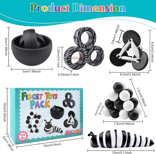 5-Pack Fidget Toy Set for Adults & Kids - Sensory Stress Relief Toys with Gyro, Slug, Magnetic Rings & Sensory Ball
