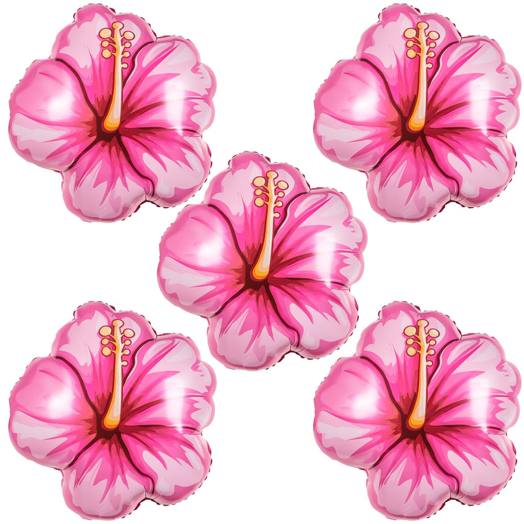 5 Pack Tropical Hibiscus Foil Balloons – 25.6 Inch Pink Flower Balloons for Luau, Hawaiian, Summer Party Decor