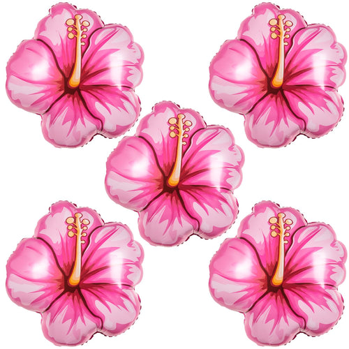 5 Pack Tropical Hibiscus Foil Balloons – 25.6 Inch Pink Flower Balloons for Luau, Hawaiian, Summer Party Decor