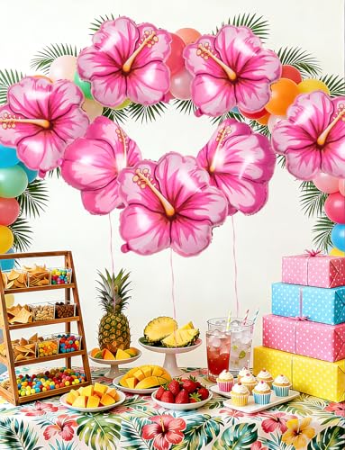 5 Pack Tropical Hibiscus Foil Balloons – 25.6 Inch Pink Flower Balloons for Luau, Hawaiian, Summer Party Decor