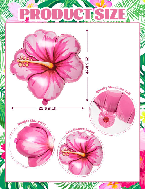 5 Pack Tropical Hibiscus Foil Balloons – 25.6 Inch Pink Flower Balloons for Luau, Hawaiian, Summer Party Decor
