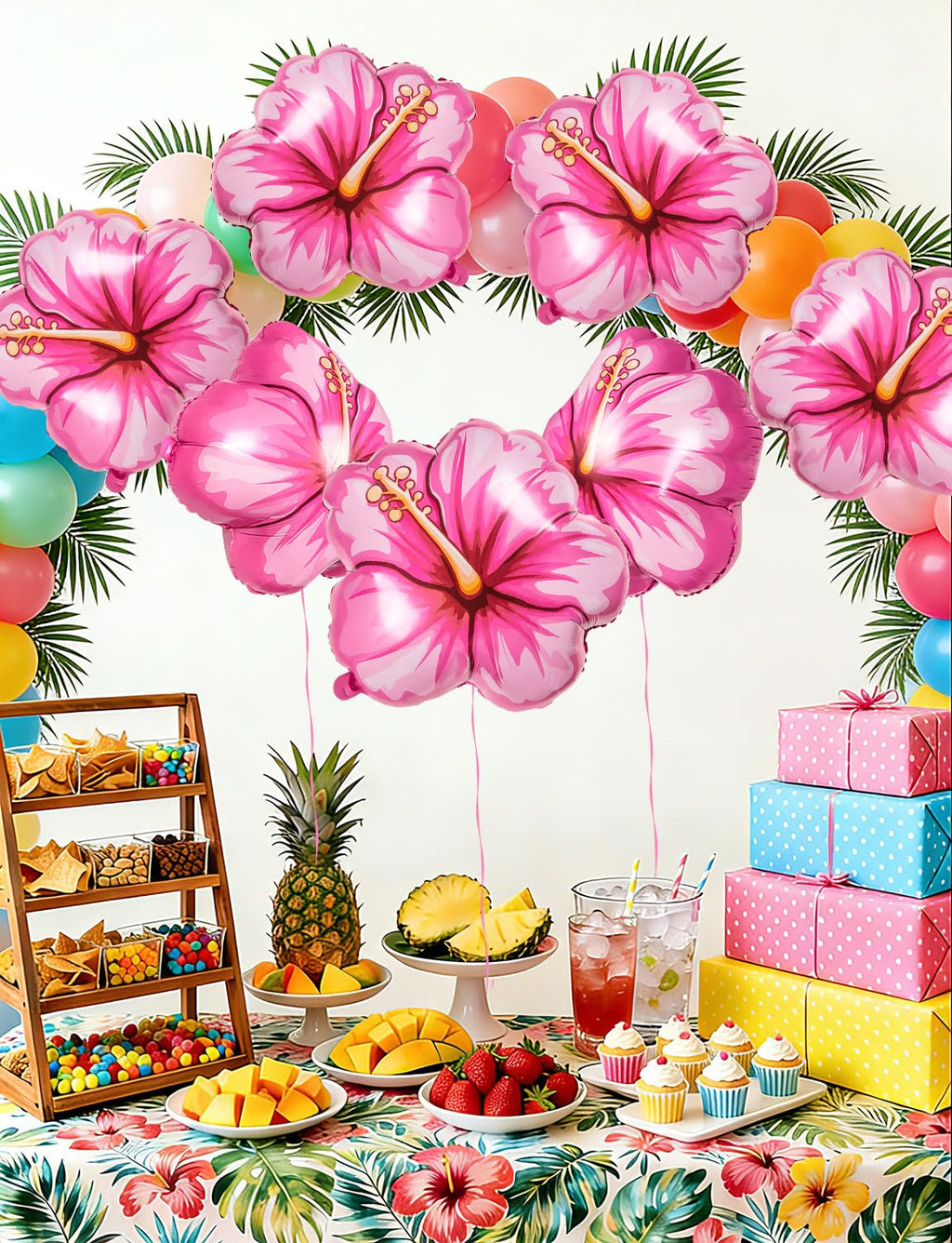 5 Pack Tropical Hibiscus Foil Balloons – 25.6 Inch Pink Flower Balloons for Luau, Hawaiian, Summer Party Decor