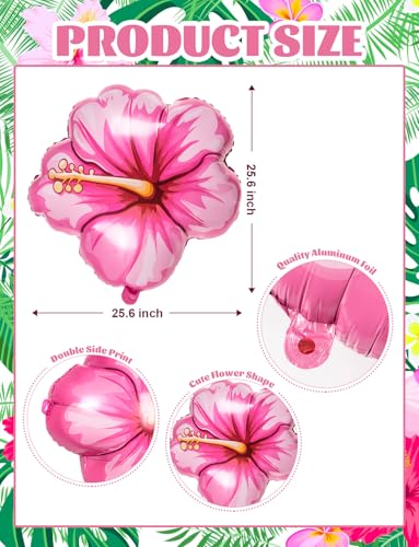 5 Pack Tropical Hibiscus Foil Balloons – 25.6 Inch Pink Flower Balloons for Luau, Hawaiian, Summer Party Decor
