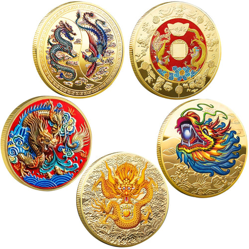 5 Pcs Chinese Dragon Lucky Coin Set with Acrylic Cases – LAIAMER Zodiac Coins for Fortune Collection