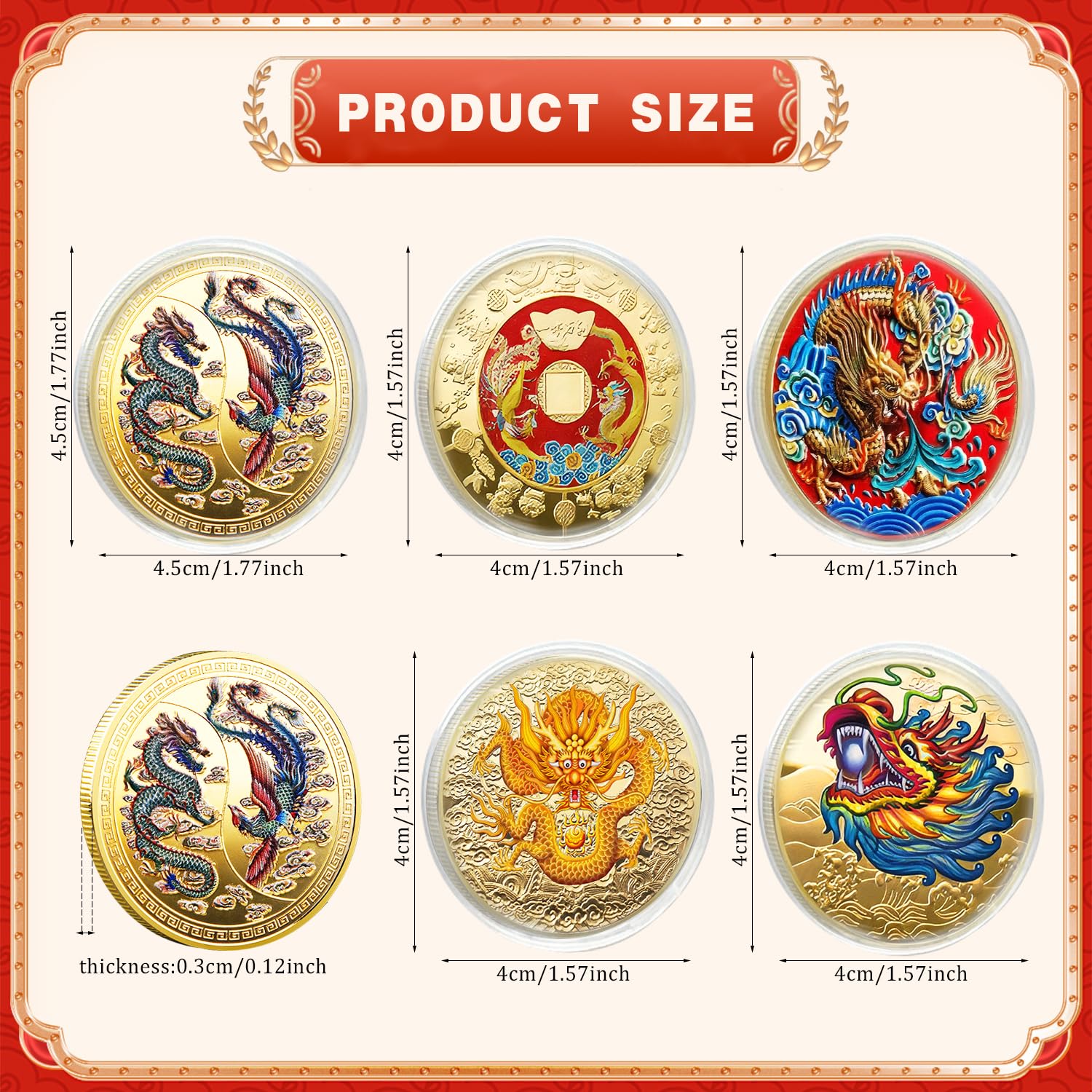 5 Pcs Chinese Dragon Lucky Coin Set with Acrylic Cases – LAIAMER Zodiac Coins for Fortune Collection