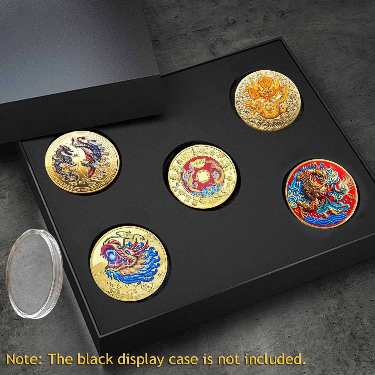 5 Pcs Chinese Dragon Lucky Coin Set with Acrylic Cases – LAIAMER Zodiac Coins for Fortune Collection