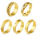 5-Piece 18K Gold Plated Fidget Rings Set – Stainless Steel Anxiety Spinner Rings for Women & Men, CZ Butterfly Chain Design, Sizes 6-9