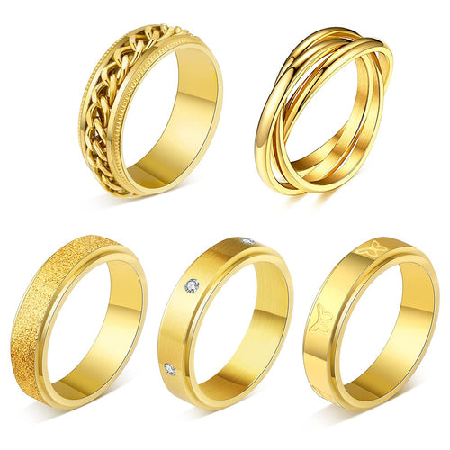 5-Piece 18K Gold Plated Fidget Rings Set – Stainless Steel Anxiety Spinner Rings for Women & Men, CZ Butterfly Chain Design, Sizes 6-9