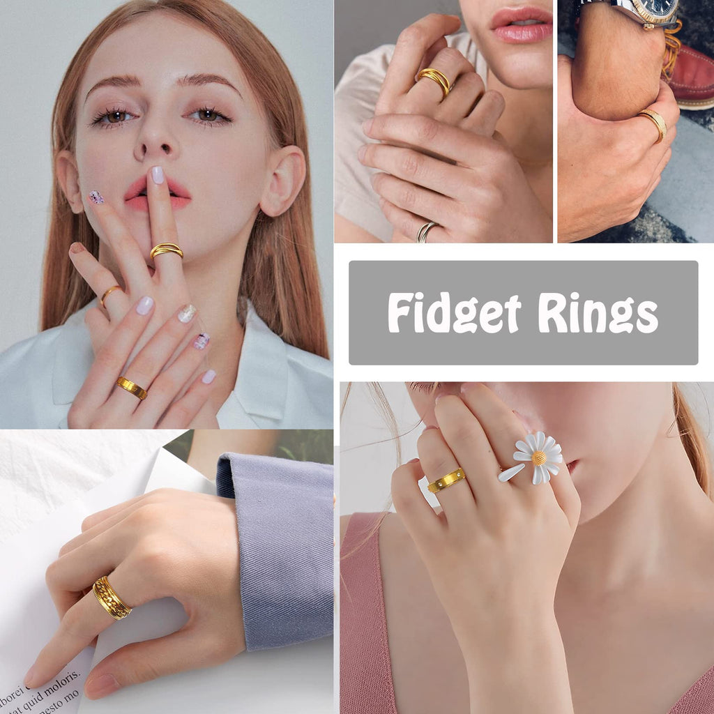 5-Piece 18K Gold Plated Fidget Rings Set – Stainless Steel Anxiety Spinner Rings for Women & Men, CZ Butterfly Chain Design, Sizes 6-9