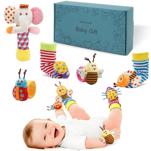 5-Piece Baby Rattle Set with Wrist Rattles, Foot Finder Socks & Hand Rattle – Soft Plush Animal Toys for 0-2 Years (Bumblebee, Butterfly, Ladybug & More)