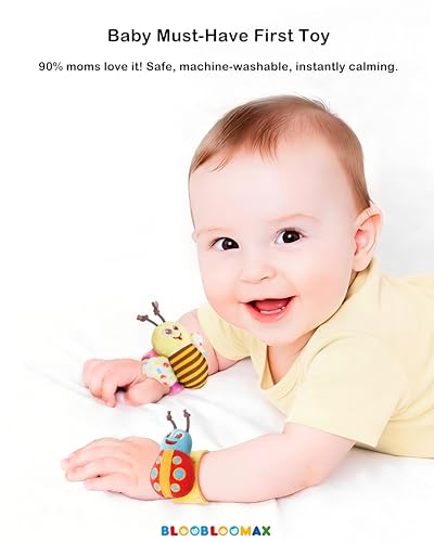 5-Piece Baby Rattle Set with Wrist Rattles, Foot Finder Socks & Hand Rattle – Soft Plush Animal Toys for 0-2 Years (Bumblebee, Butterfly, Ladybug & More)