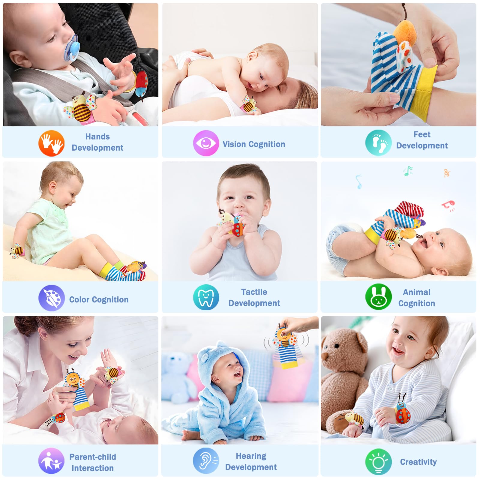 5-Piece Baby Rattle Set with Wrist Rattles, Foot Finder Socks & Hand Rattle – Soft Plush Animal Toys for 0-2 Years (Bumblebee, Butterfly, Ladybug & More)