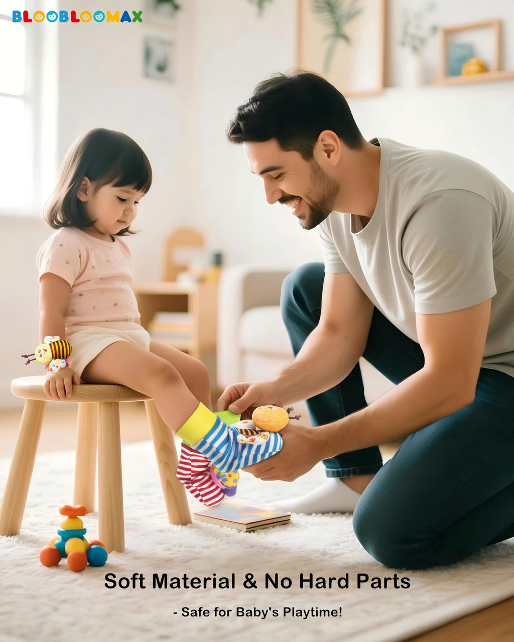 5-Piece Baby Rattle Set with Wrist Rattles, Foot Finder Socks & Hand Rattle – Soft Plush Animal Toys for 0-2 Years (Bumblebee, Butterfly, Ladybug & More)