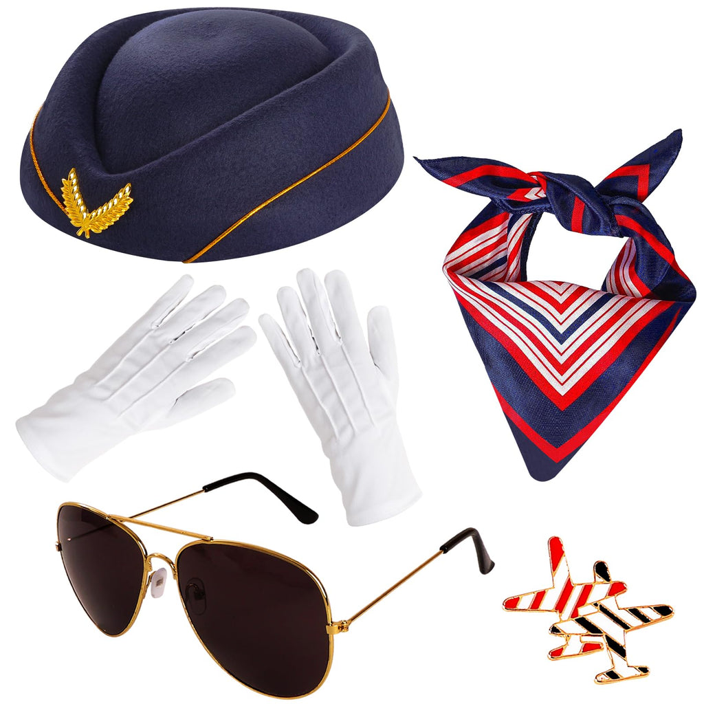 5-Piece Flight Attendant Costume Accessory Set – Hat, Scarf, Sunglasses, Gloves & Pin