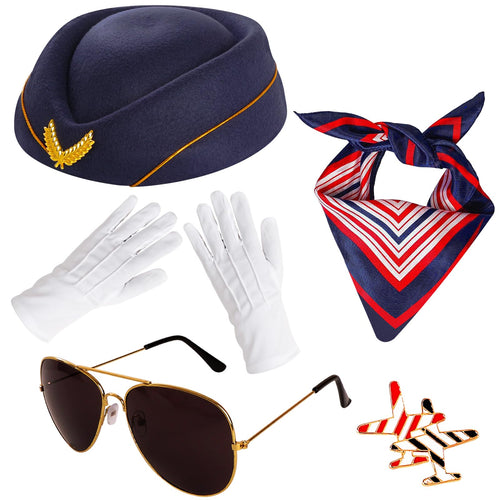 5-Piece Flight Attendant Costume Accessory Set – Hat, Scarf, Sunglasses, Gloves & Pin