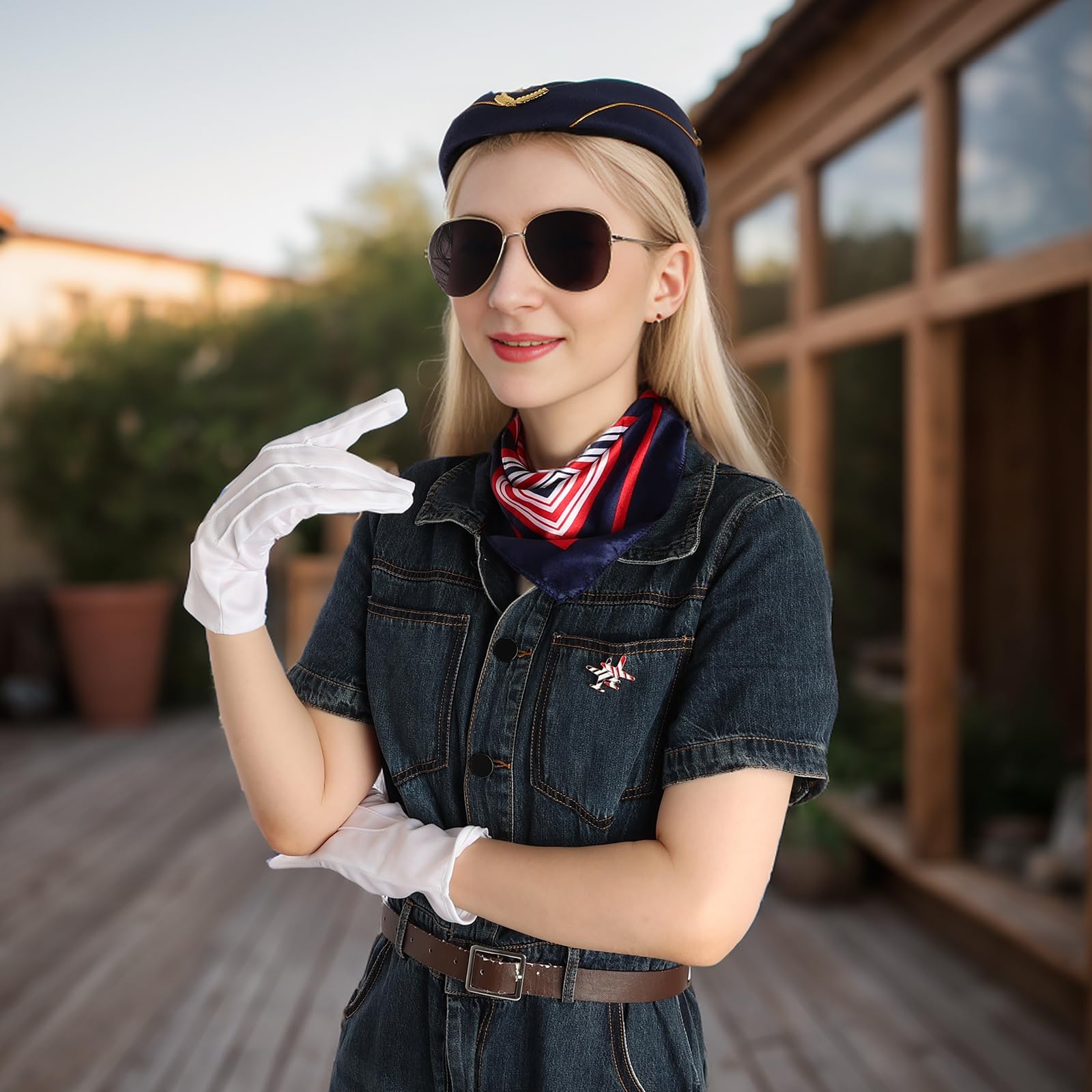 5-Piece Flight Attendant Costume Accessory Set – Hat, Scarf, Sunglasses, Gloves & Pin