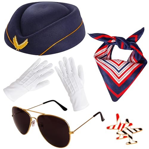 5-Piece Flight Attendant Costume Accessory Set – Hat, Scarf, Sunglasses, Gloves & Pin