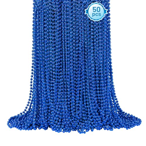 50 Blue Bead Necklaces - 33" Mardi Gras Parade Throws for Patriotic Holidays & Parties