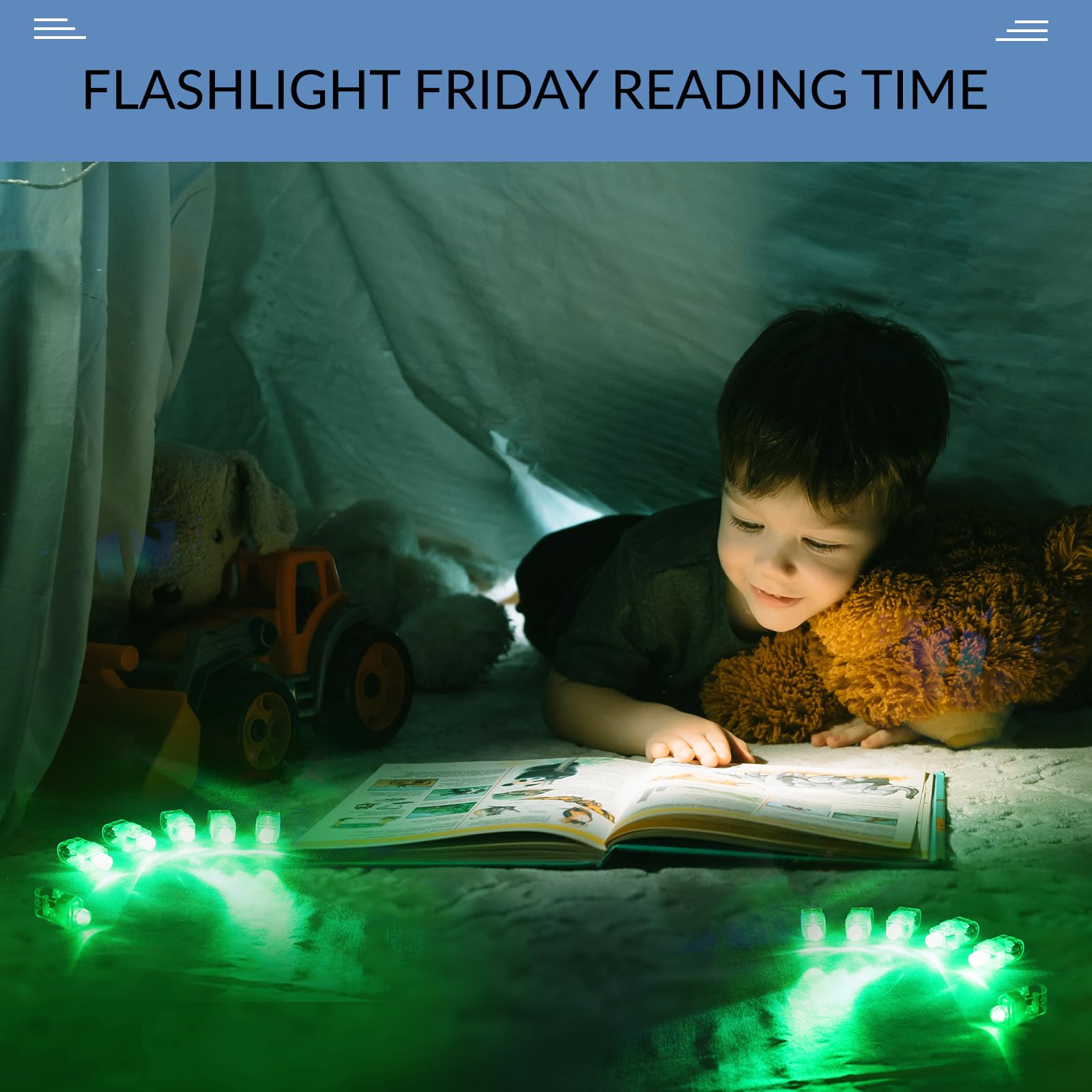 50 Green LED Finger Lights for Kids - Bulk Party Favors, Glow in the Dark Rave Toys