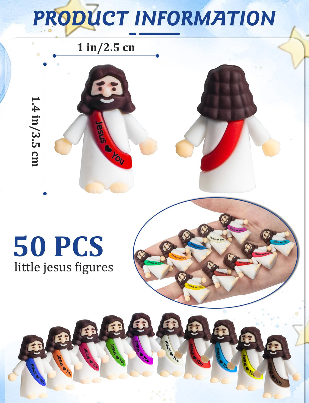 50 Mini Jesus Figurines Bulk - 1.4 Inch Resin Baby Jesus Figures with Colorful Sashes for Hide and Seek, Easter Eggs, Sunday School Gifts