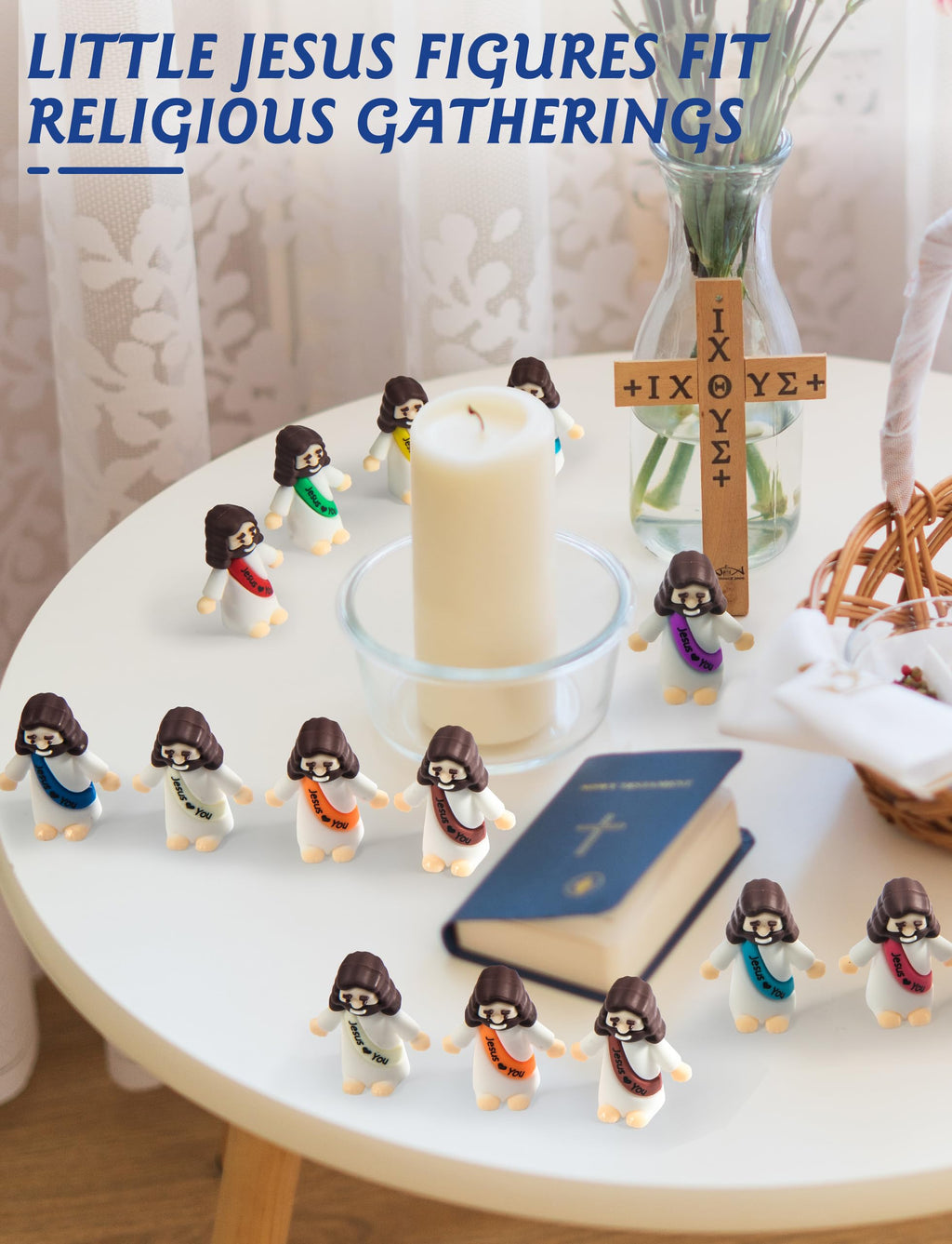 50 Mini Jesus Figurines Bulk - 1.4 Inch Resin Baby Jesus Figures with Colorful Sashes for Hide and Seek, Easter Eggs, Sunday School Gifts