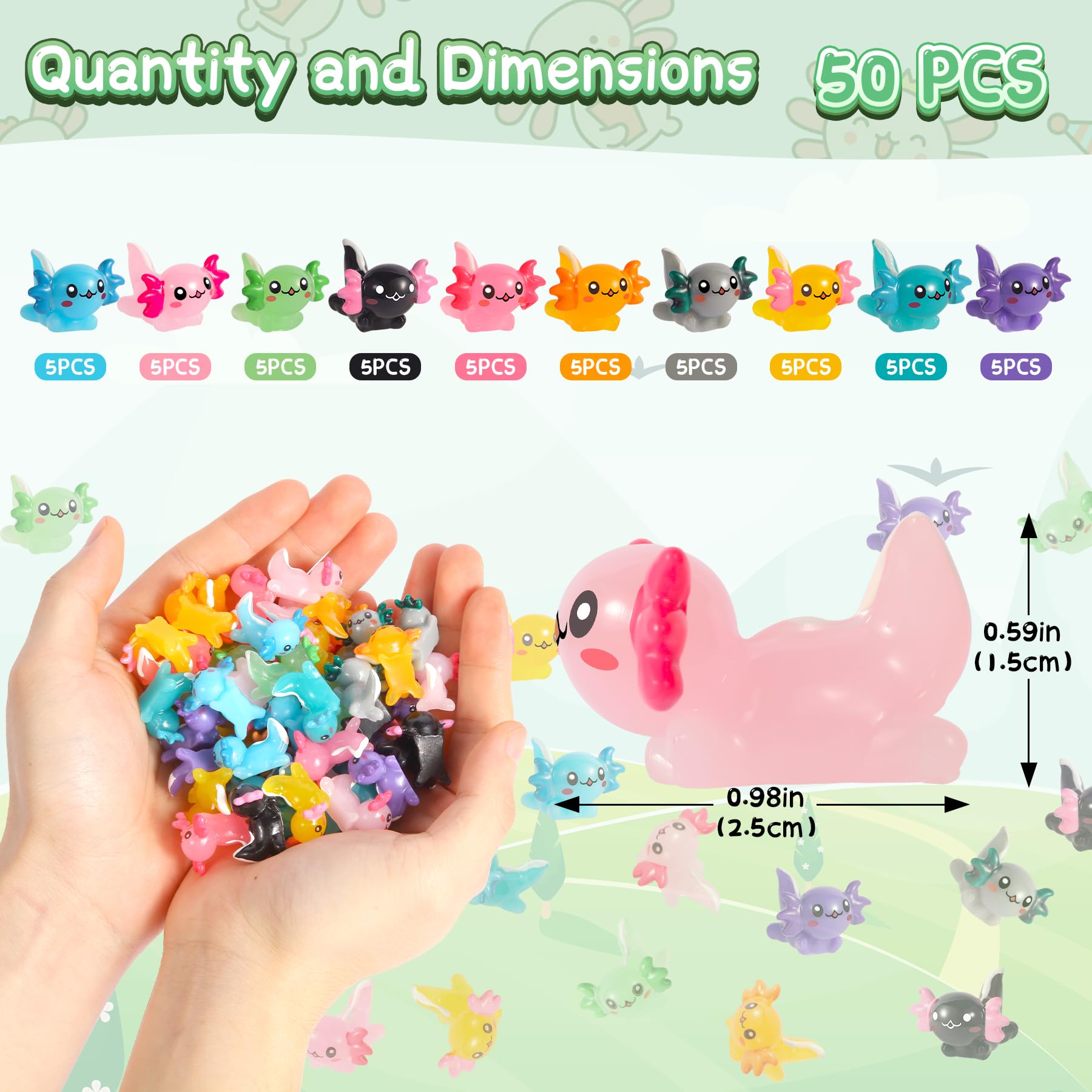 50 Mini Resin Axolotl Figurines – 10 Colors, Tiny Animals for Gardens, Aquariums & Party Decor