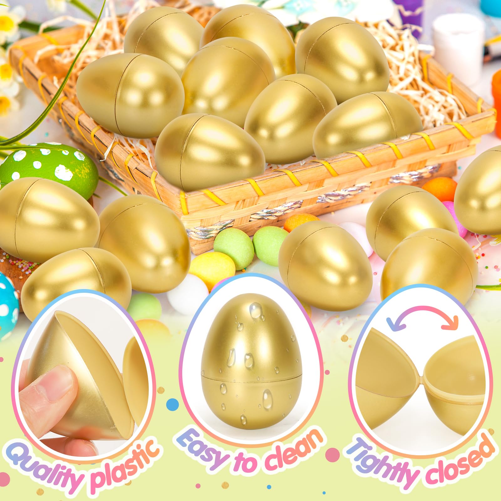 50 Pack 2.3 Inch Golden Plastic Easter Eggs – Fillable, Reusable Party Decor