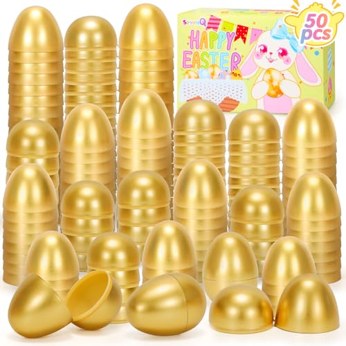 50 Pack 2.3 Inch Golden Plastic Easter Eggs – Fillable, Reusable Party Decor