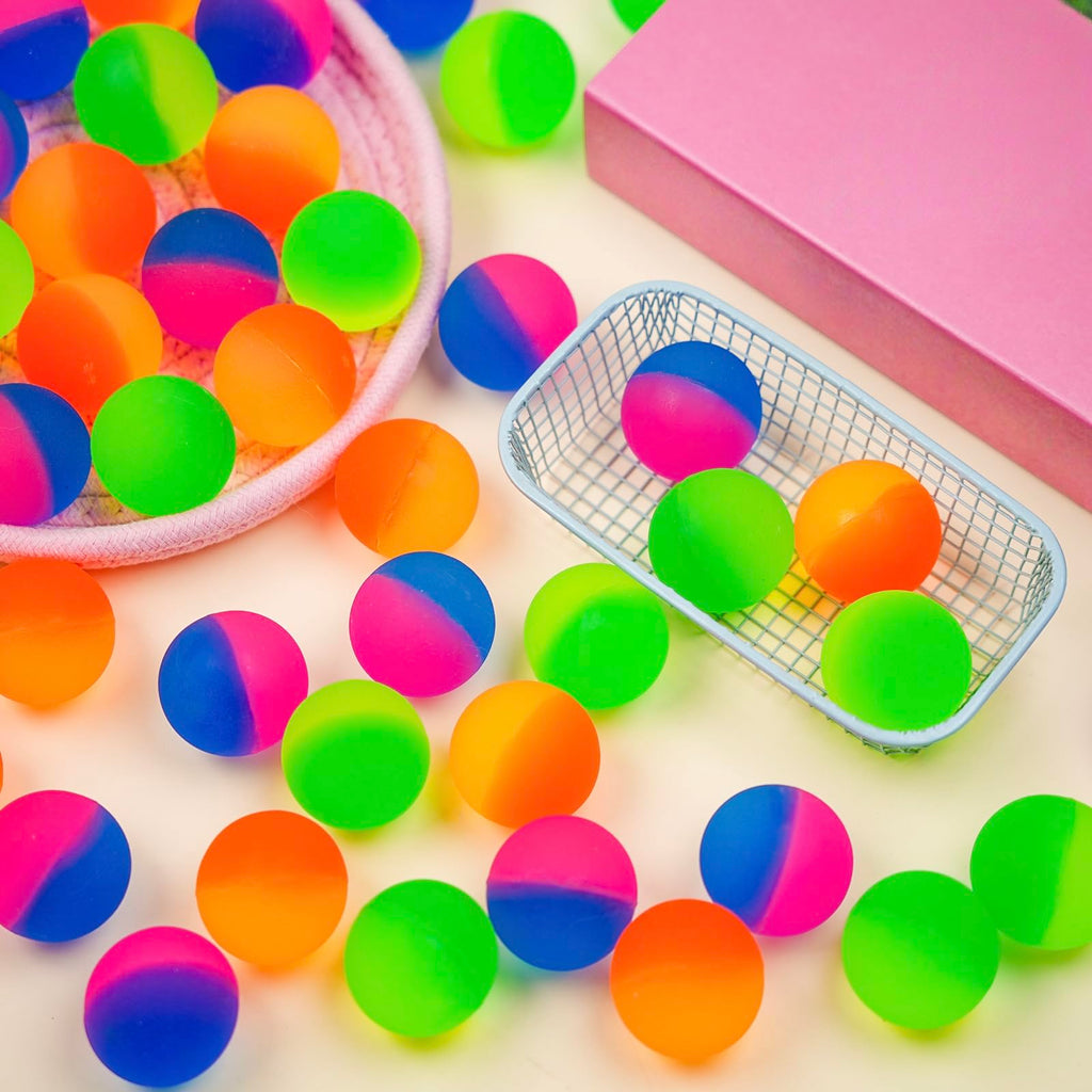50 Pack 27mm Bouncy Balls for Kids & Adults – Fluorescent Dual-Tone Rubber Balls for Party Favors, Classroom Rewards, and Water Play