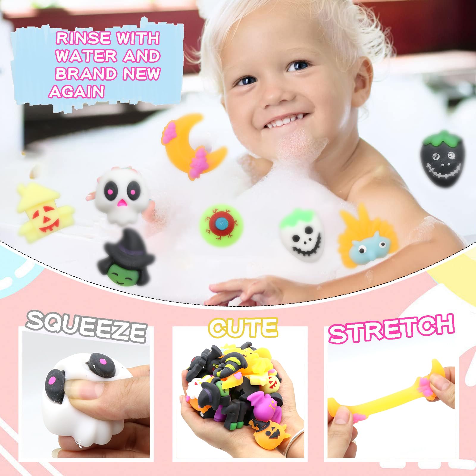 50 Pack Halloween Mochi Squishy Toys - Mini Squeeze Stress Reliever Party Favors for Kids