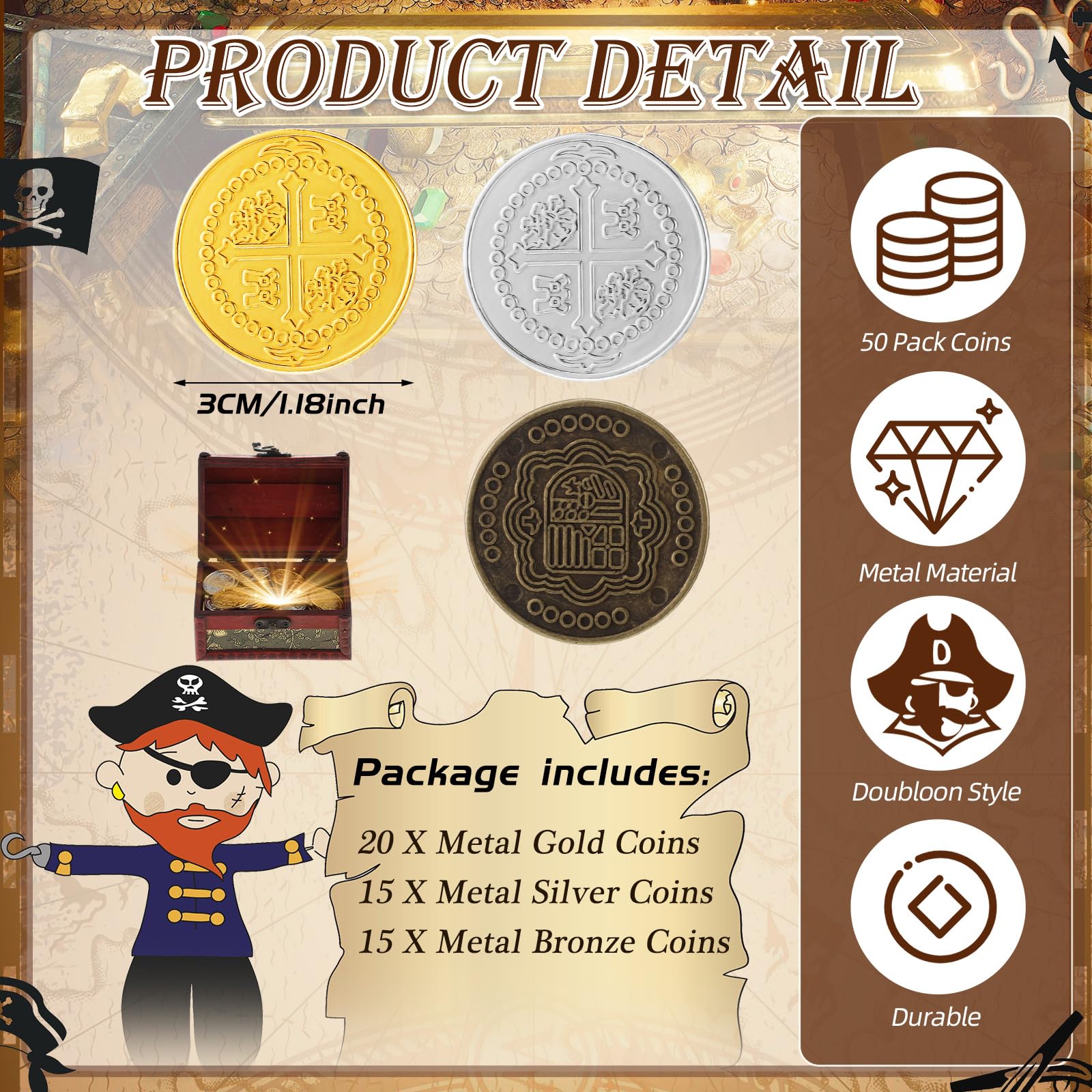 50 Pack Metal Pirate Coins Gold Silver Bronze - Hanaive Fake Treasure Coins for Party Decor